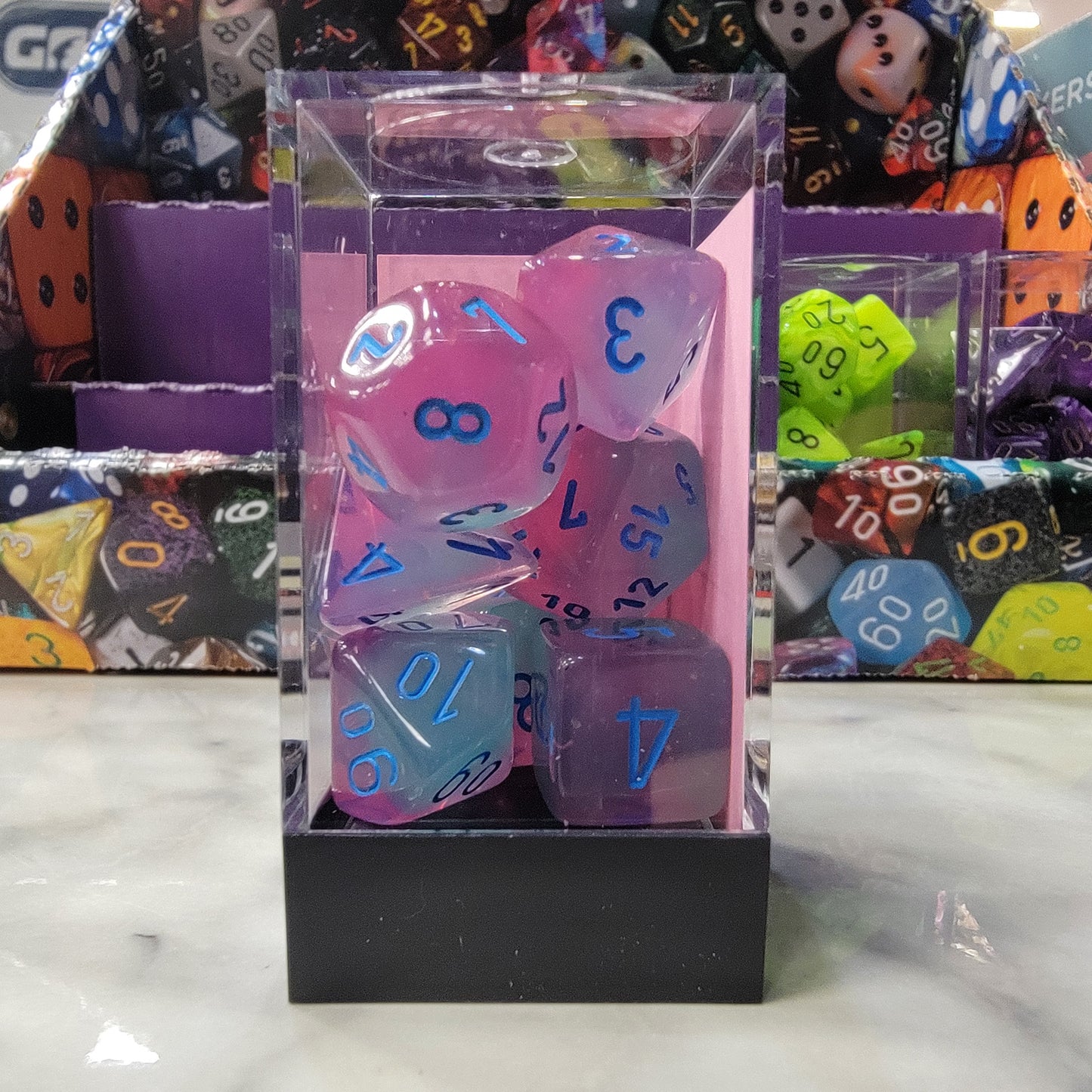 CHESSEX GEMINI Gel Green-Pink/blue 7 Die Set