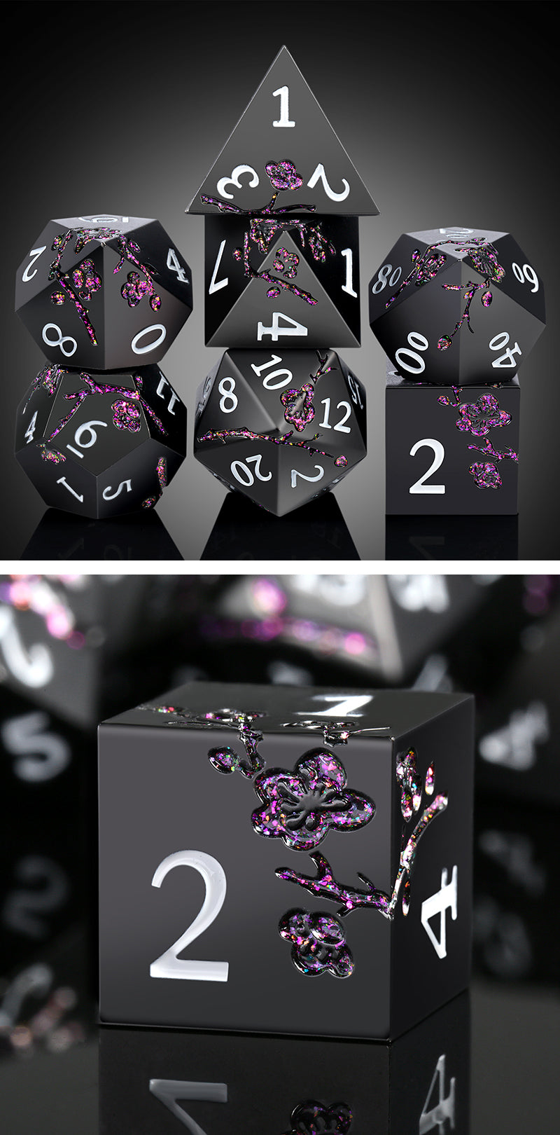 Metal & Enamel Dice Set (7pcs) (Sakura) [Black & Magenta]