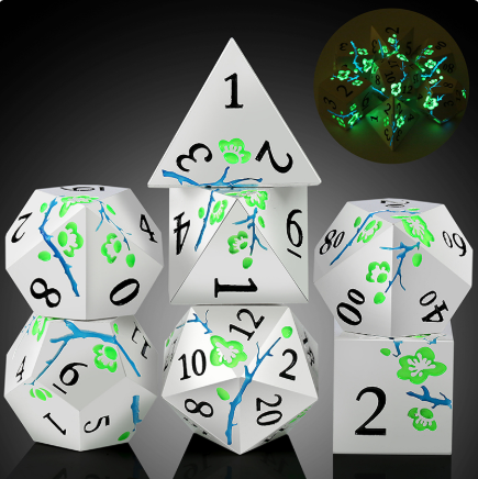 Metal & Enamel Dice Set (7pcs) (Sakura) [Silver & Green] (Glow)