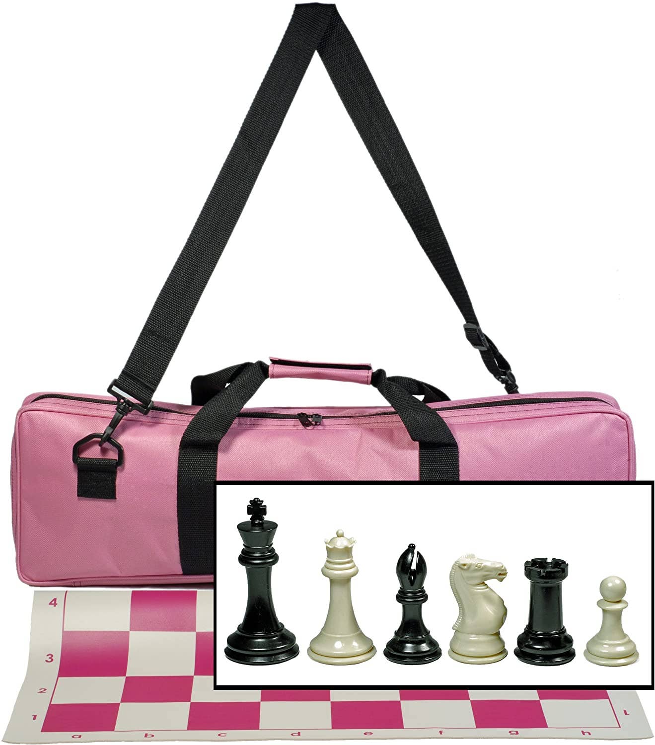 WE Games Ultimate Tournament Chess Set in Pink with Vinyl Chess Mat, Canvas Bag & Super Triple Weighted Chessmen with 4" King